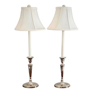 Pair of Silver Plate Candlestick Buffet Table Lamps For Sale