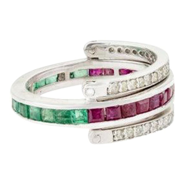 Natural Emerald Ruby Diamond Multi-Stone Spinner Band Ring in 925 Silver, Size 6.5 For Sale