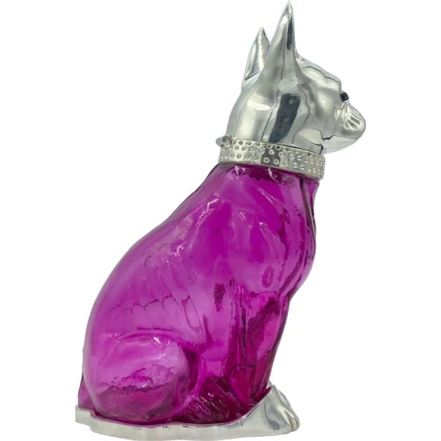 Vintage French Bulldog Pink Glass Silverplate Claret Jug Decanter For Sale - Image 4 of 13