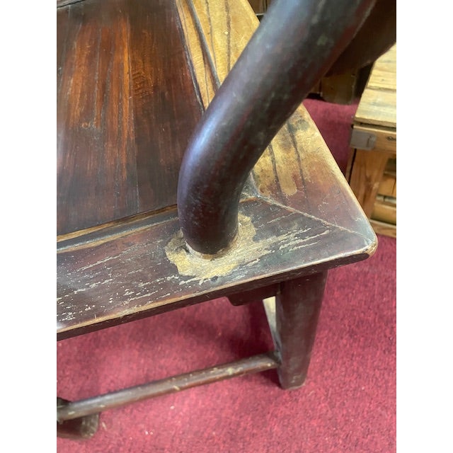 Vintage Pair Oriental Wooden Yoke Back Scholar Cap Arm Chairs Carved W/ Cut Out Design Back For Sale - Image 14 of 18