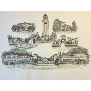 1980s Stanford University Palo Alto, California Campus Print by Liz Bryant – Hand-Colored Architectural Illustration, 24” X 18” For Sale