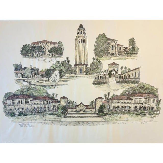 1980s Stanford University Palo Alto, California Campus Print by Liz Bryant – Hand-Colored Architectural Illustration, 24” X 18” For Sale