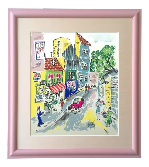 Vintage Mid Century " Paris Street Scene " Custom Framed Original Expressionist Gouache Painting on Silk