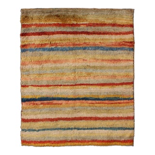 Mid 20th Century Vintage Turkish Angora Tulu Rug With Stripe Design in Yellow, Green, Red & Blue For Sale