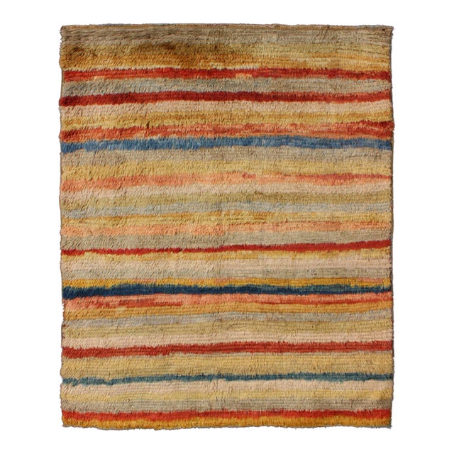 Mid 20th Century Vintage Turkish Angora Tulu Rug With Stripe Design in Yellow, Green, Red & Blue For Sale