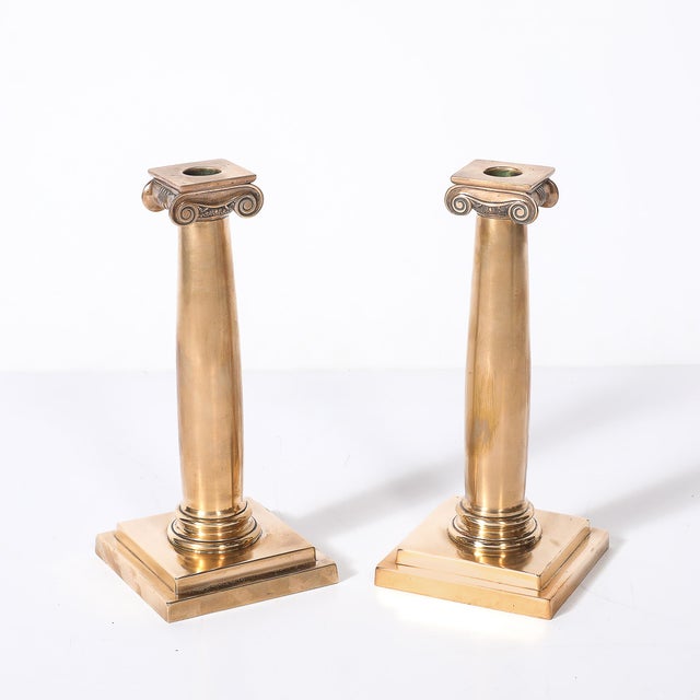 Art Deco Solid Bronze Plinth Base Corinthian Style Candleholders Signed Gorham For Sale In New York - Image 6 of 15