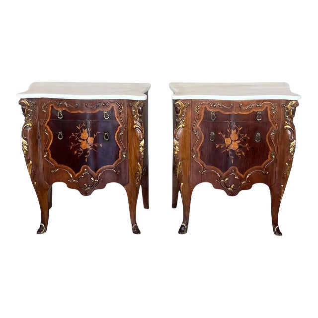French Louis XV Marquetry Marble-Top Nightstand or Side Tables For Sale