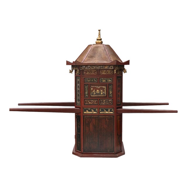 Chinese Vintage Red Gold Carving Wedding Cart Bridal Sedan Chair Display For Sale