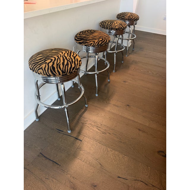 Late 20th Century Vintage Chrome Swivel Counter Stools in Tiger-Print Chenille, Set of 4 For Sale - Image 5 of 10