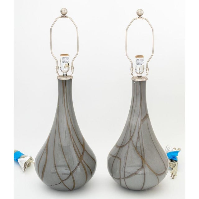 Pair of Modern Gray Glass Tear Drop Vases Mounted as Table Lamps, with abstract design, apparently unmarked. 26.5" H x 9"...