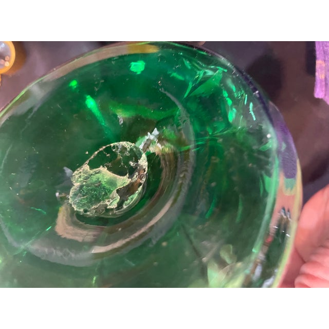 Vintage Bohemian Hand Blown Green Glass Ruffle Vase with Hand-painted Gold Enamel Flower Pattern and Leaves