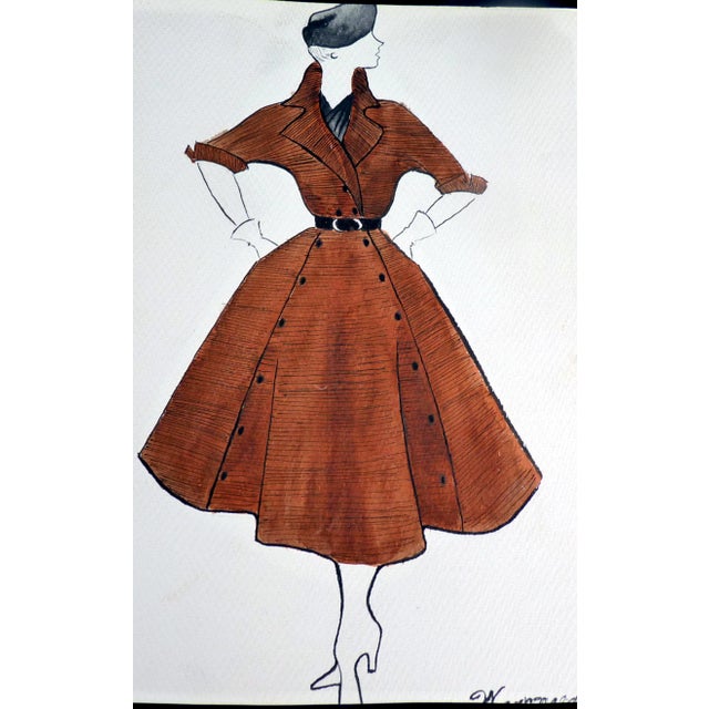 Hollywood Regency Original 1950s Fashion Illustration Signed "W. Mannard" New Look Wool Coat For Sale - Image 3 of 3