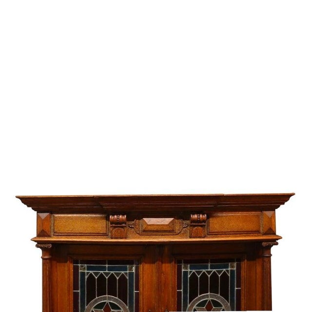 Continental Gothic Carved Oak & Stained Leaded Glass Court Cupboard C1900 For Sale - Image 6 of 17