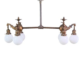 Bronze & Steel 6 Arm Chandelier With Milk Glass Globes For Sale