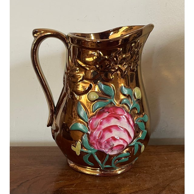 Early 19th Century Antique 19th Century English Regency Staffordshire Copper Luster Pitcher With Relief Molded Pink Roses For Sale - Image 5 of 14
