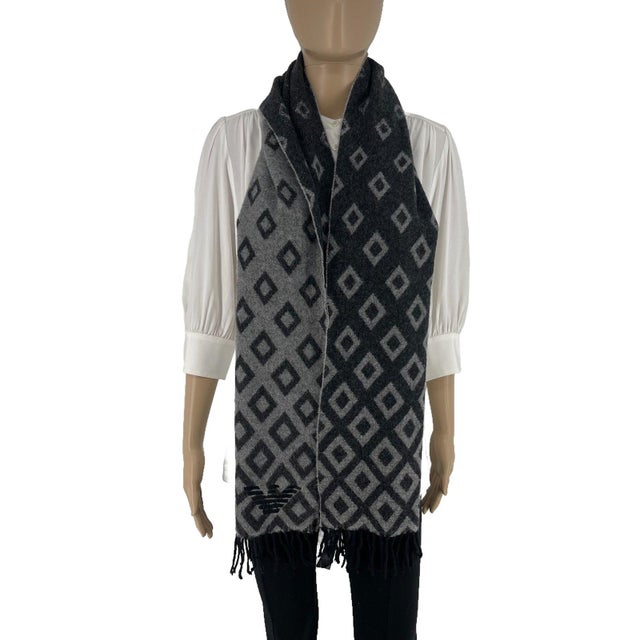 Italian Emporio Armani Dark Grey Printed 50% Wool 50% Cashmere Scarf For Sale - Image 3 of 9
