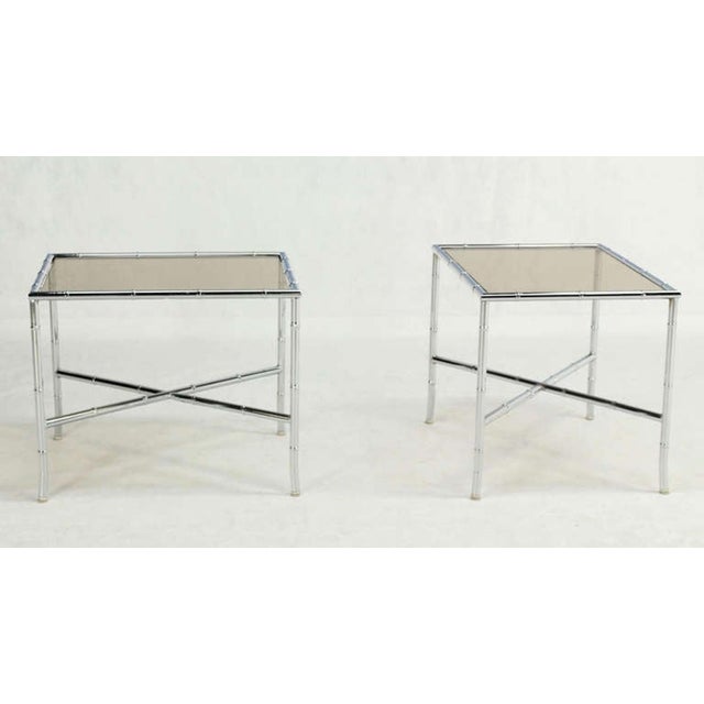 Metal Faux Bamboo X Shape Bases Chrome and Smoked Glass End Tables - A Pair For Sale - Image 7 of 10