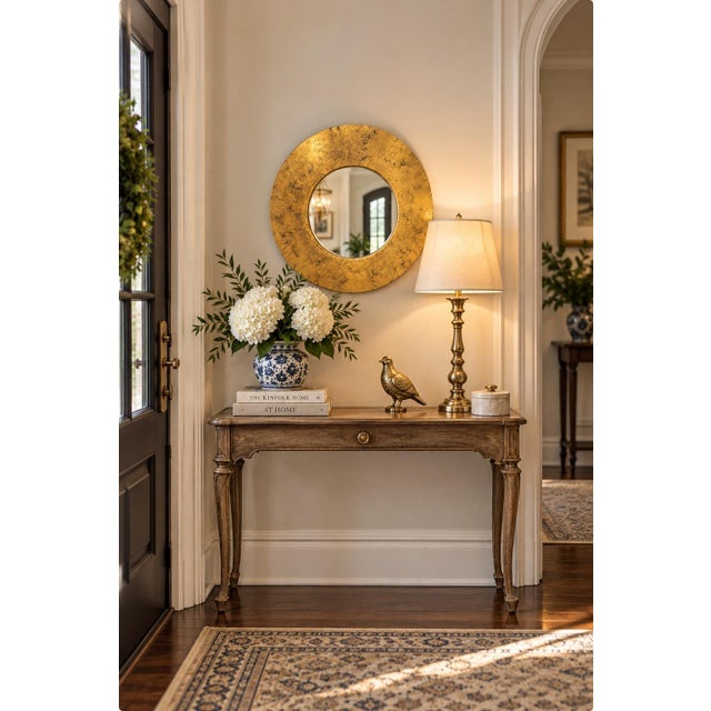 Hollywood Regency Distressed Gold and Black Round Wall Mirror For Sale - Image 3 of 4