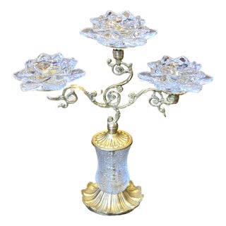 Ornate Brass & Crystal Three-Candle Decorative Holder for Table Decor Italian Style For Sale