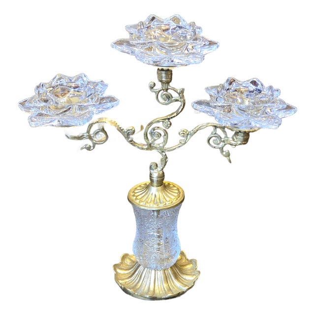 Ornate Brass & Crystal Three-Candle Decorative Holder for Table Decor Italian Style For Sale