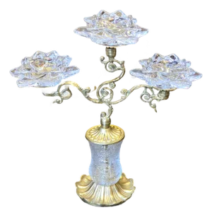 Ornate Brass & Crystal Three-Candle Decorative Holder for Table Decor Italian Style
