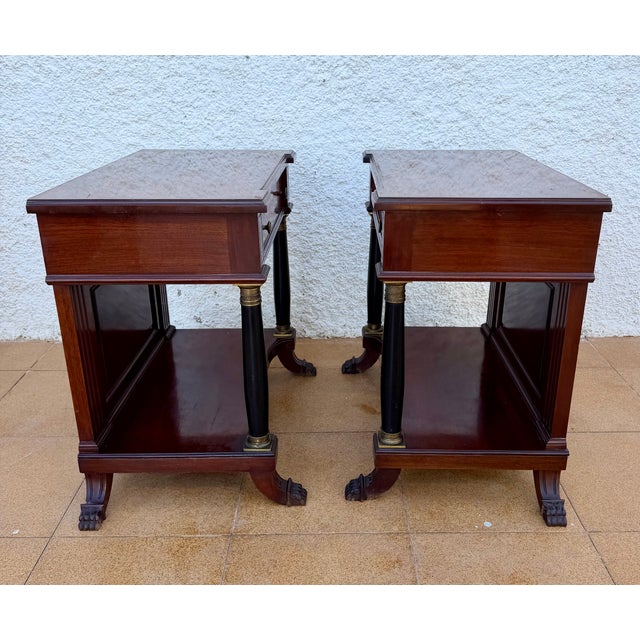 French Empire Wood Nightstands with Marquetry and Black Columns, 1935, Set of 2 For Sale - Image 6 of 15