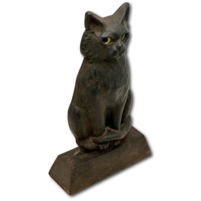 Black Rare & Unusual Large 13 Inch Tall Antique Cast Iron Seated Cat Doorstop With Realistic Glass Eyes Circa 1920s For Sale - Image 8 of 18