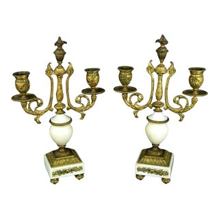 Pair of Antique Victorian Ormolu & Marble Two Branch Candelabra - 19th Century For Sale