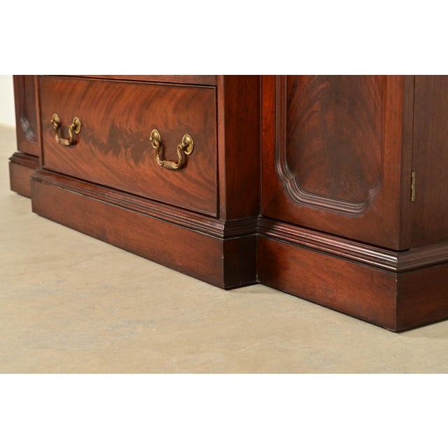 Baker Furniture Style Georgian Flame Mahogany Breakfront Bookcase Cabinet With Drop Front Secretary Desk For Sale - Image 12 of 16