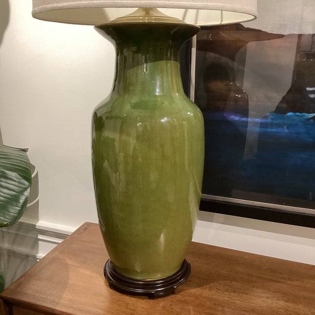 Late 20th Century Late 20th Century Hollywood Regency Monumental Olive Green Ceramic Lamps With Satin Brass Hardware and Linen Drum Shades - a Pair For Sale - Image 5 of 11
