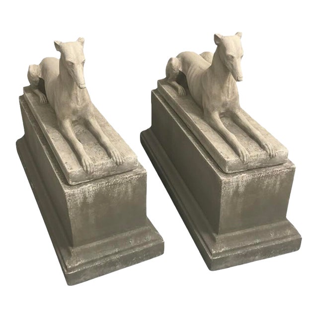 1990s Pair of Large Neoclassical Recumbent Greyhound Statues For Sale