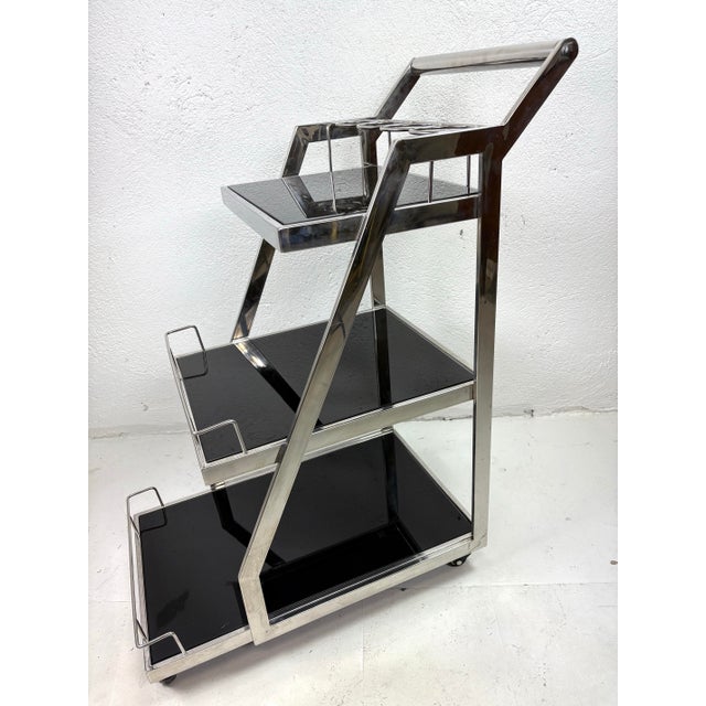 Glass Vintage Chrome and Black Glass Bar Trolley After Ralph Lauren For Sale - Image 7 of 11