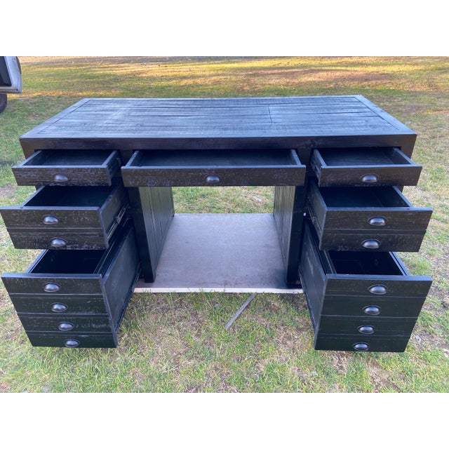 Wood Rh Restoration Hardware Printmakers Executive Desk With Distressed Wood For Sale - Image 7 of 12