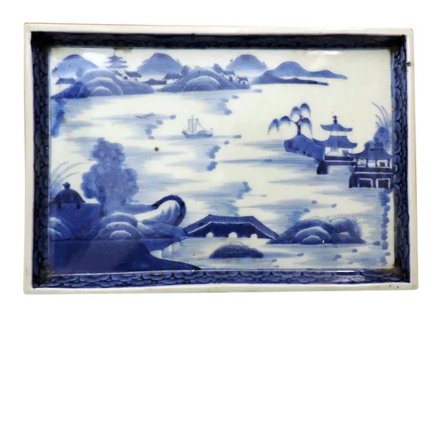 19th Century Chinese Blue & White Porcelain Harbor Landscape Scene Rectangular Platter Tray For Sale