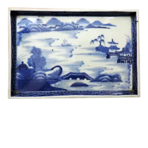 19th Century Chinese Blue & White Porcelain Harbor Landscape Scene Rectangular Platter Tray