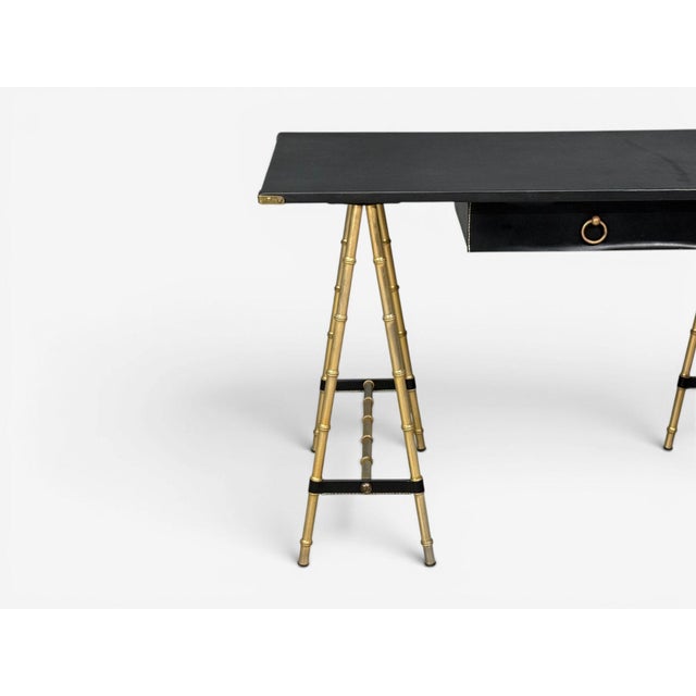 Black Jacques Adnet Attr., Desk and Folding Chair, Black Leather, Brass, France, 1950s For Sale - Image 8 of 18