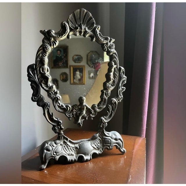 1950s Vintage Ornate Silver Plated Cherubs Angel Tabletop Mirror For Sale - Image 5 of 12