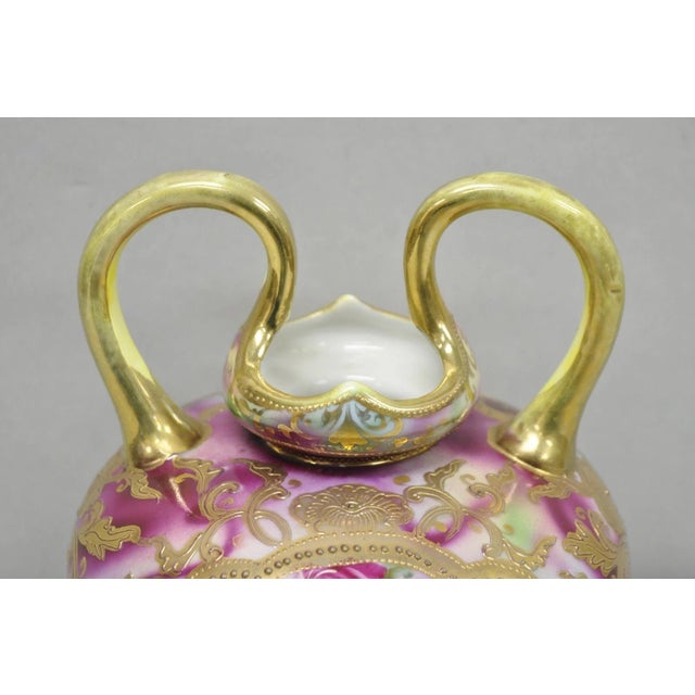 Ceramic Antique Austrian Hand Painted Moriage Porcelain Double Swung Handle Bulbous Vase For Sale - Image 7 of 16