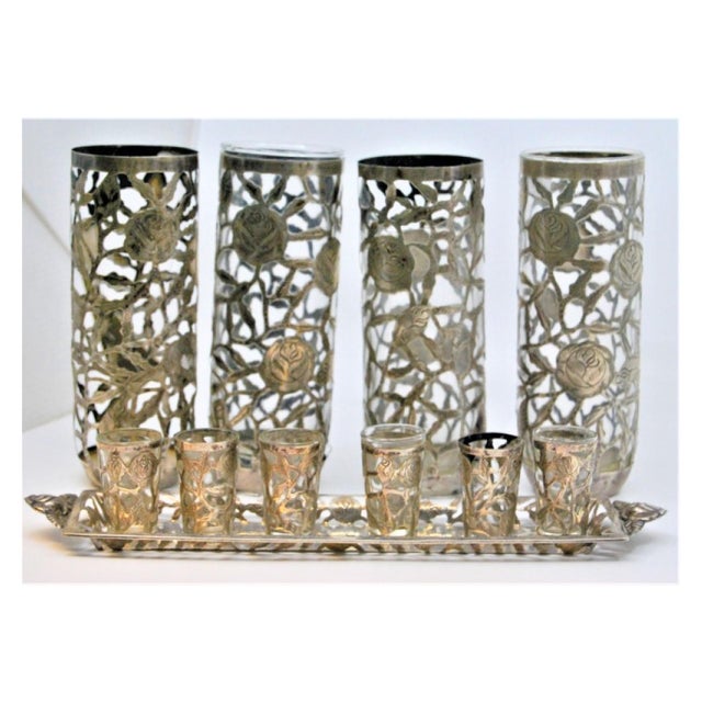 Glass Cups with Cut-Out Silver Application and Tray with Trim, Set of 10 For Sale - Image 6 of 10