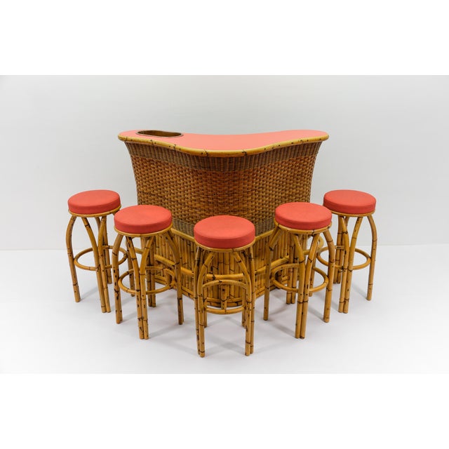 1950s Bamboo Bar and Bar Stools, Italy, 1950s, Set of 6 For Sale - Image 5 of 18