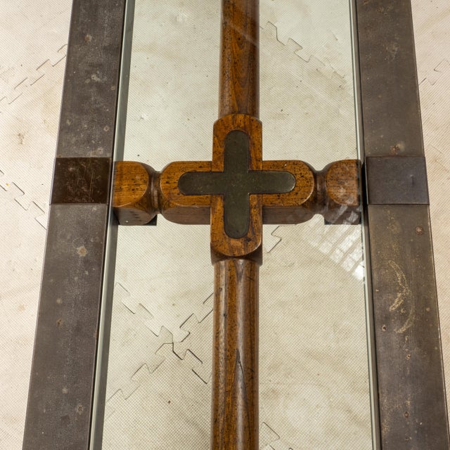 Vintage Brutalist Iron, Brass & Wood Console Table W/ Thick Beveled Glass Insert For Sale - Image 15 of 18