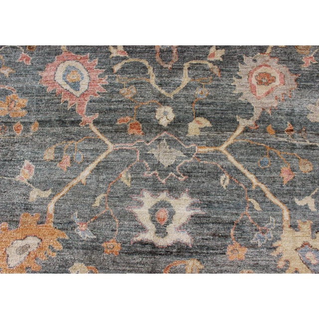 Textile Keivan Woven Arts Angora Turkish Oushak Rug in Dark Green, Silver Gray, Orange, and Hints of Pink For Sale - Image 7 of 10