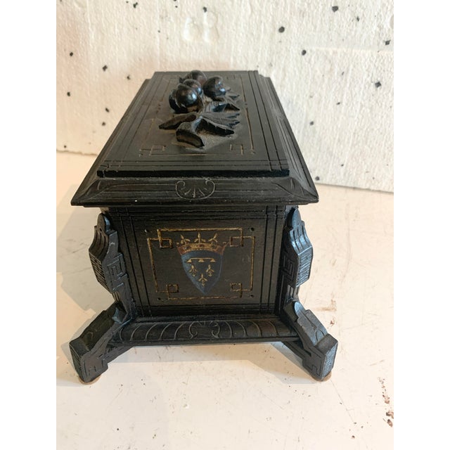 19th Century Carved Black Wood Jewelry Box with Polychrome Decoration For Sale - Image 5 of 13