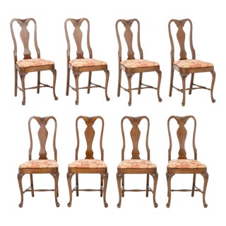 Queen Anne Style Walnut Dining Chairs, 8 For Sale