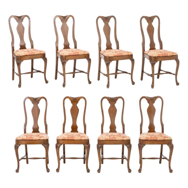 Queen Anne Style Walnut Dining Chairs, 8 For Sale