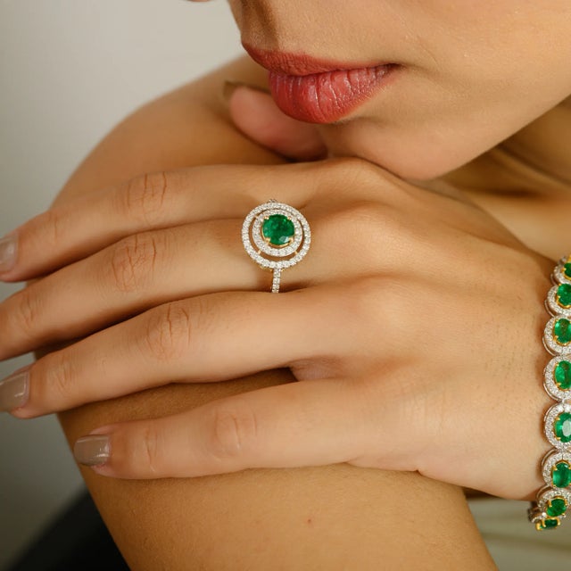Metal 18k Halo Diamond Round Emerald Bridal Ring Size 6 For Sale - Image 7 of 12