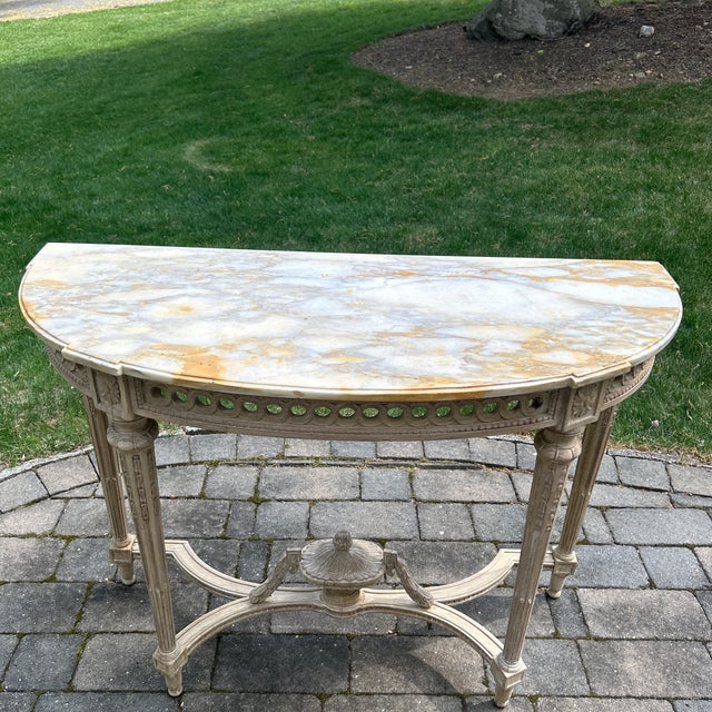 French Louis XVI Style Bleached Carved Demilune Style Console For Sale - Image 3 of 10