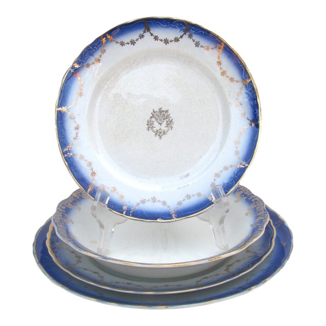 1900s Antique Flow Blue Transferware Collection, Set of 4 For Sale