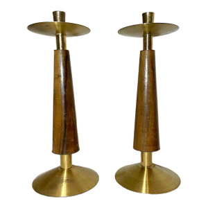2 Vintage Mid Century Modern MCM Western German Wood Brass Candlesticks Holders