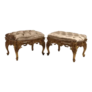 Traditional French Style Velvet Carved Giltwood Stools - a Pair